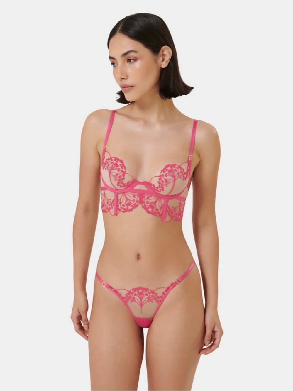 Bluebella Marisa Sheer Lace Balconette Bra and Panty Set - Fuchsia Pink